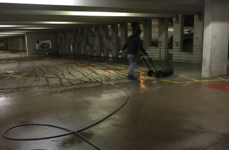 Galleria Mall parking garage pressure washing & striping